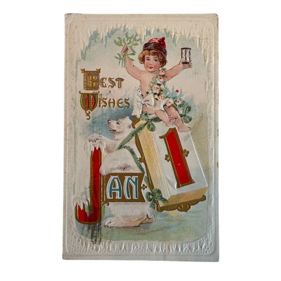 Antique 1916 Ephemera Postcard Embossed Baby New Year Polar Bear Midland Pub Co - Picture 2 of 8